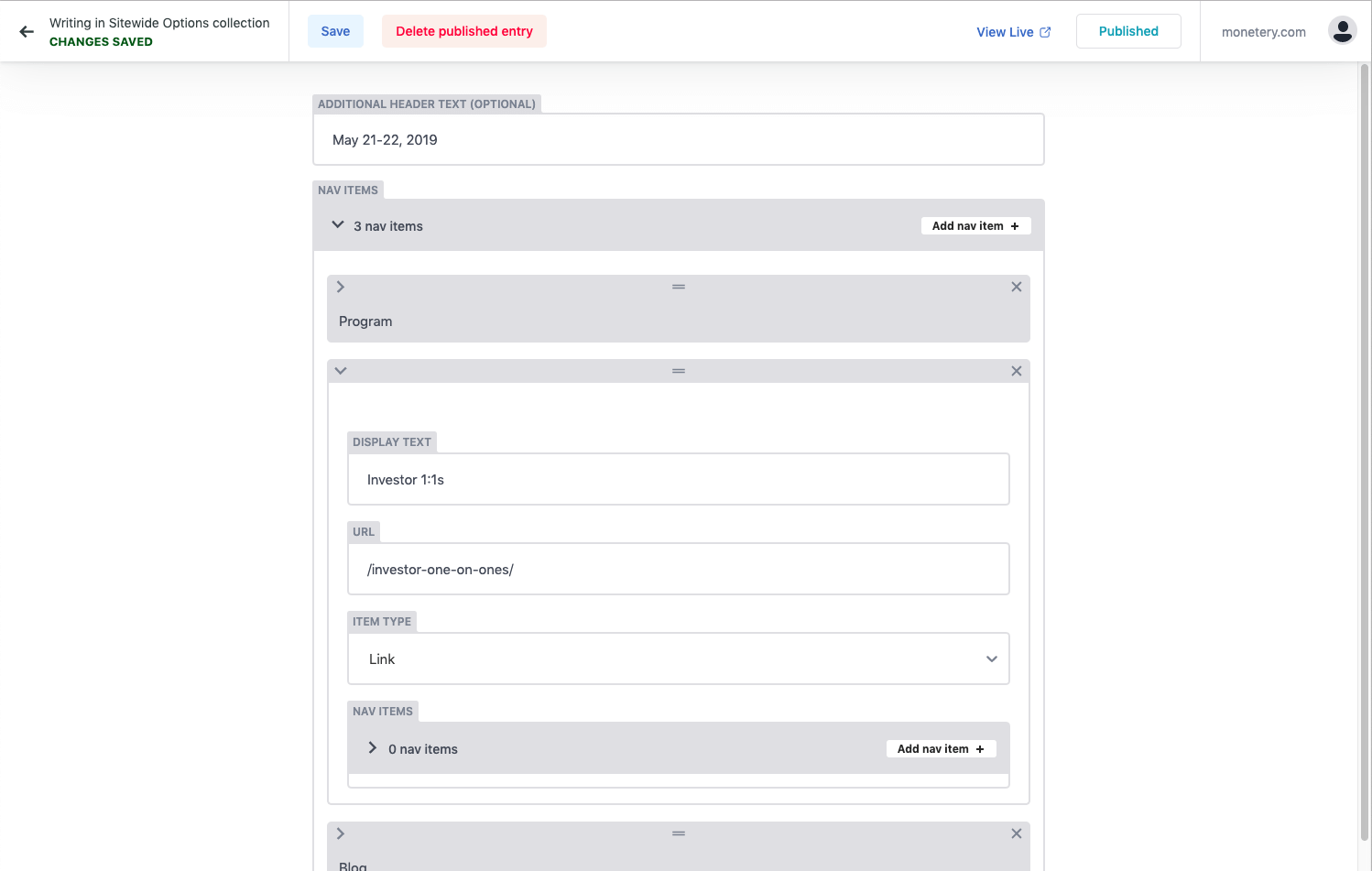 Screenshot of a page in the Netlify CMS admin interface