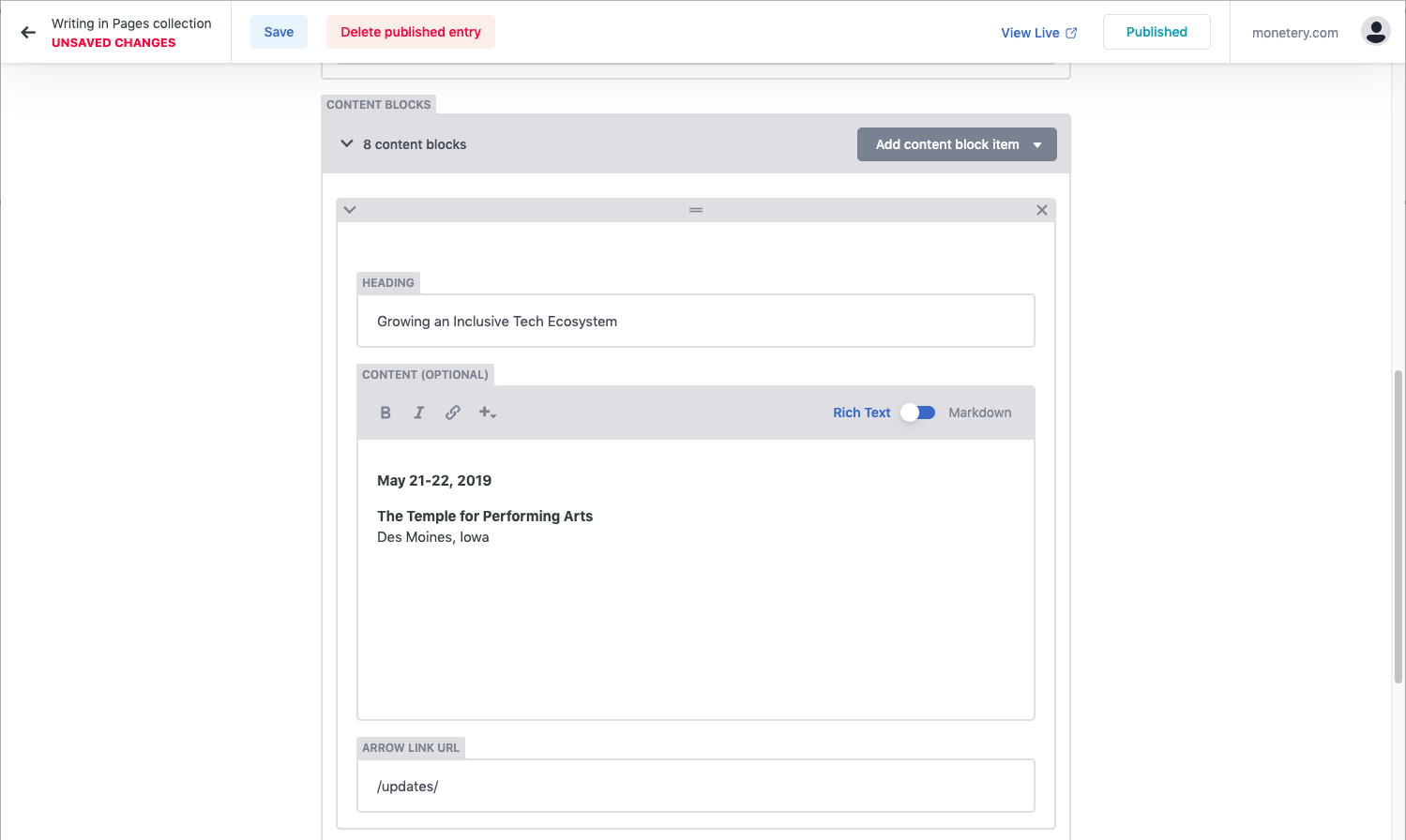 Screenshot of a page builder in Netlify CMS admin