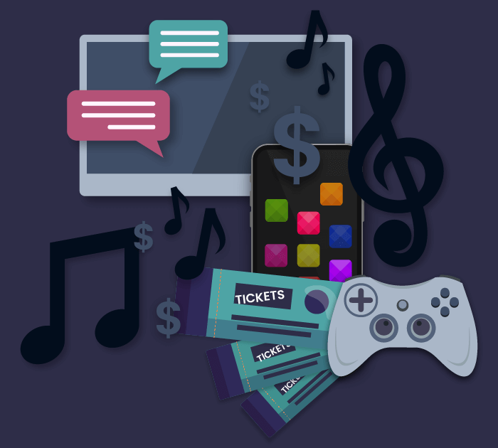 Hero Image: game controller, music notes, computer screen with text bubbles, dollar signs, tickets, and mobile phone with a game.